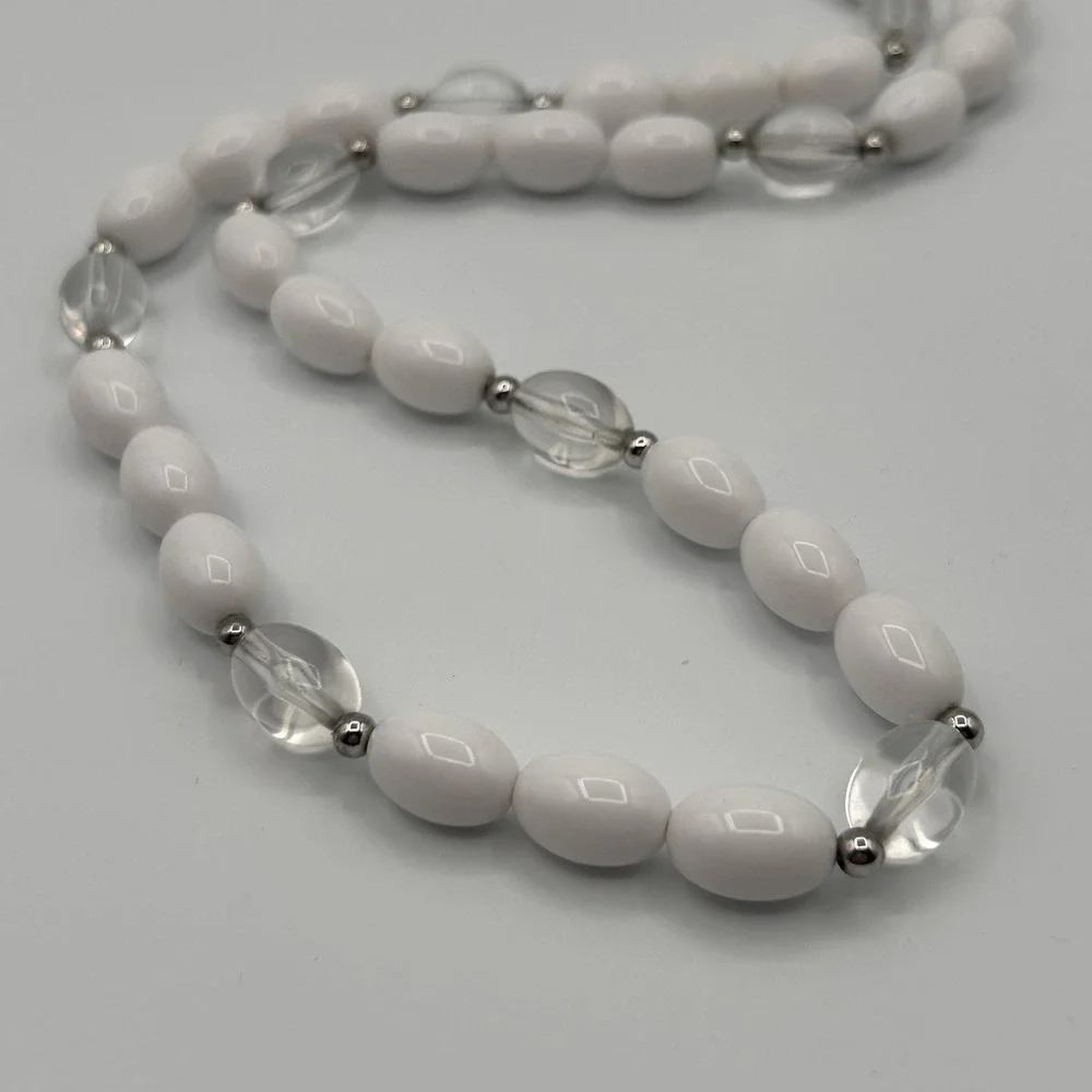 Vintage Trifari Necklace Silver tone White Lucite Single Strand Spacer Bead 12